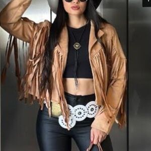 ShopEvelynne Light Brown Faux Leather Fringe Jacket